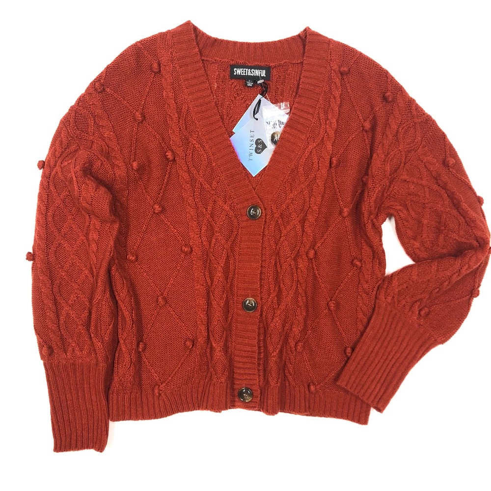 NWT Sweet  & Sinful sweater red bobble cardigan size L